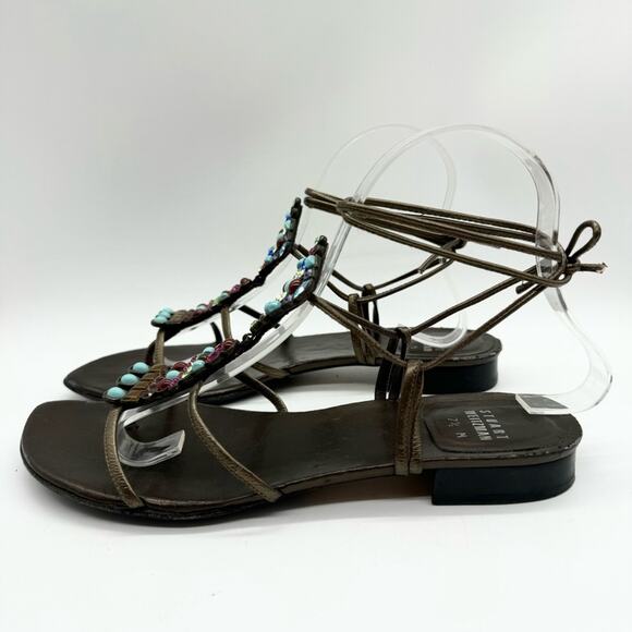 Stuart Weitzman Alaking Crystal Embellished Gladiator Sandal In Brass Mordorf - Picture 8 of 11